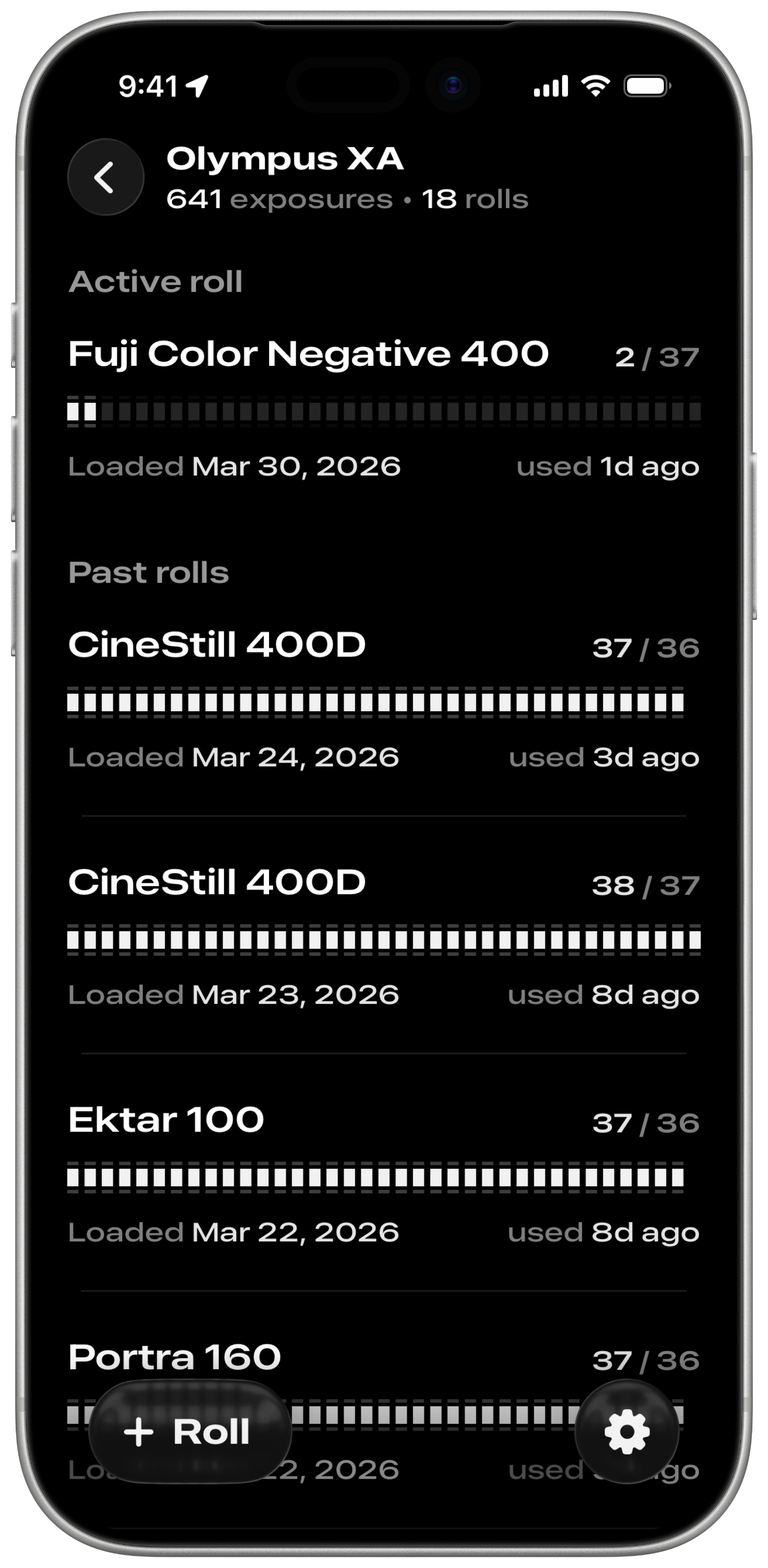 Sprokbook roll history for a camera